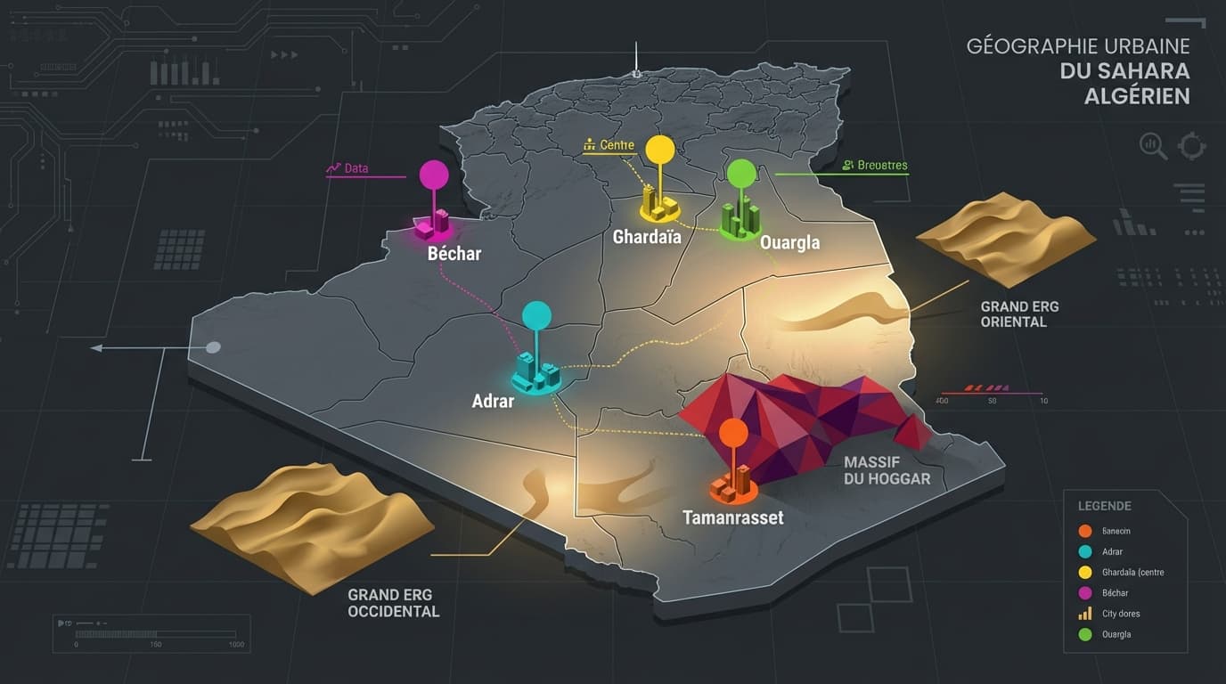 Carte technique des principales villes et reliefs du Sahara algérien