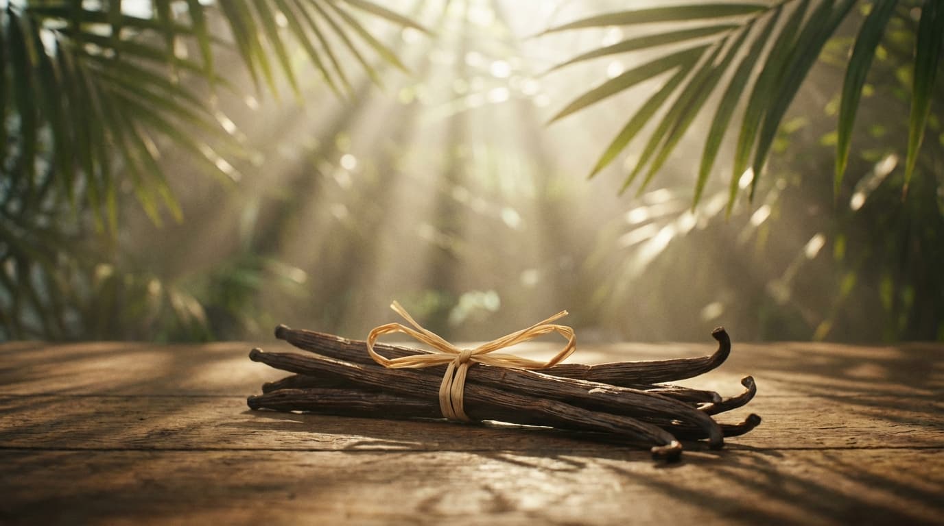 Gousses de vanille de Martinique liées sur une table en bois en plein air