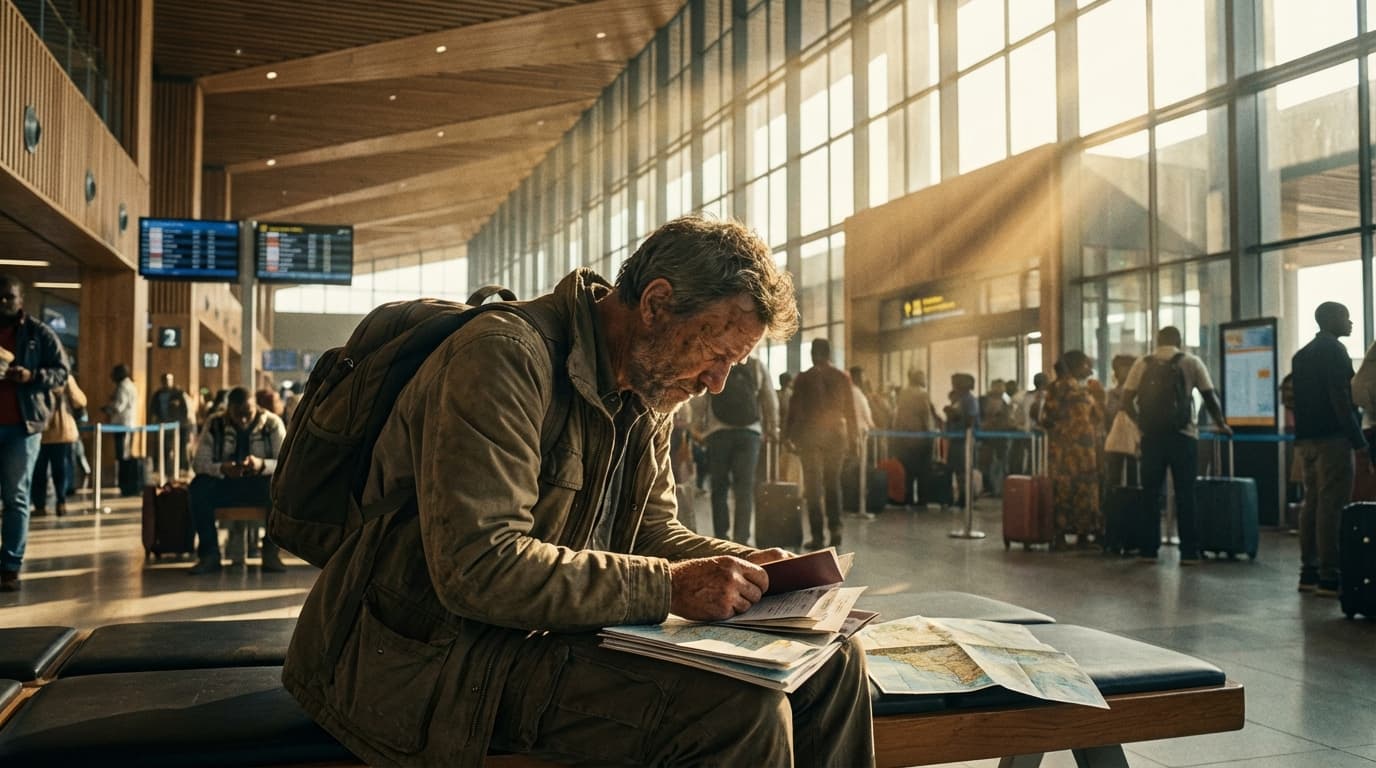 Voyageur cherchant une solution pour son visa à l'aéroport en Tanzanie.