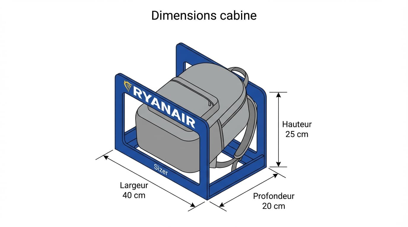 Schéma technique des dimensions d'un sac Eastpak pour le gabarit Ryanair