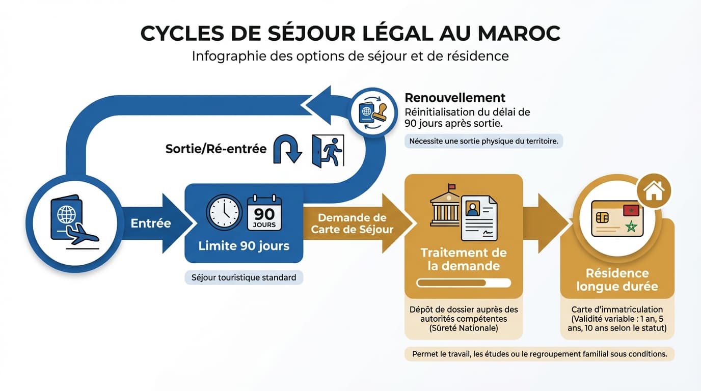 Diagramme explicatif des étapes pour rester plus de 6 mois au Maroc.