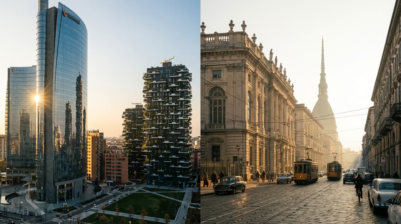 Vue panoramique comparative entre l'architecture moderne de Milan et le style baroque de Turin