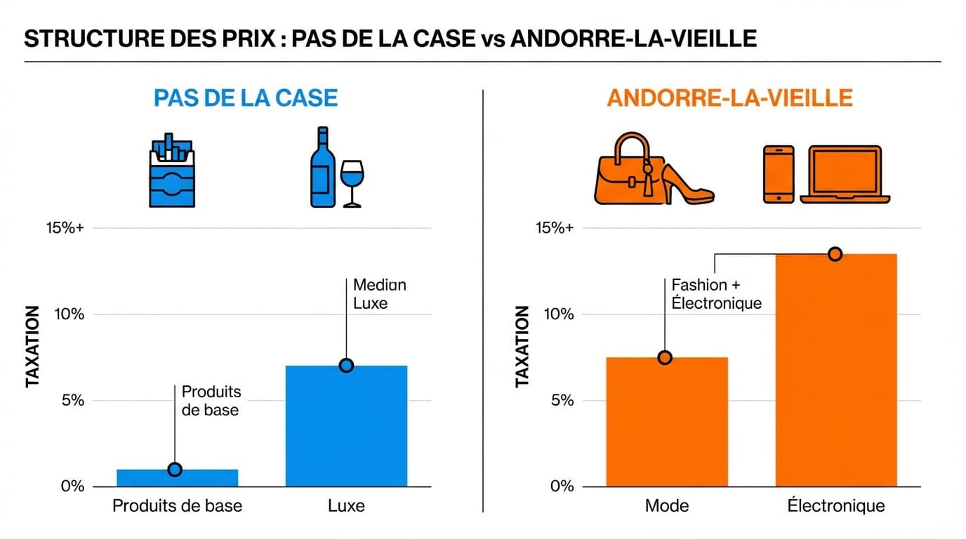 Schéma technique comparatif des taxes et prix entre le Pas de la Case et Andorre-la-Vieille.