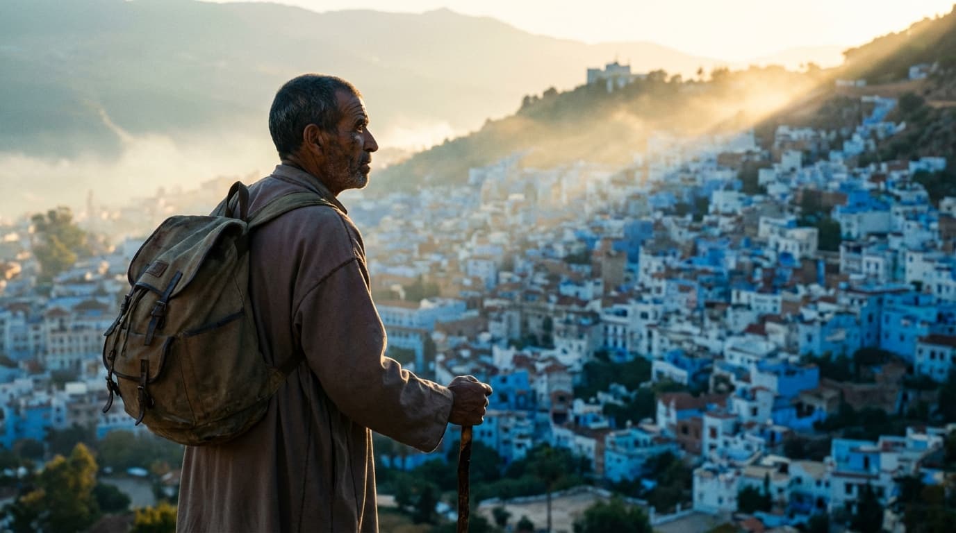 Voyageur devant la ville bleue de Chefchaouen au Maroc sous une lumière matinale.
