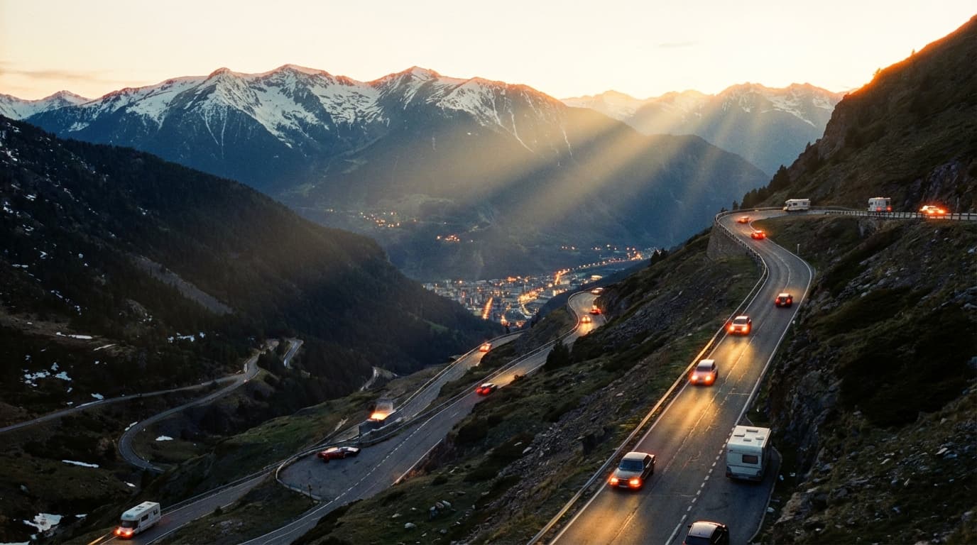 Paysage panoramique des montagnes entre le Pas de la Case et l'Andorre au crépuscule.
