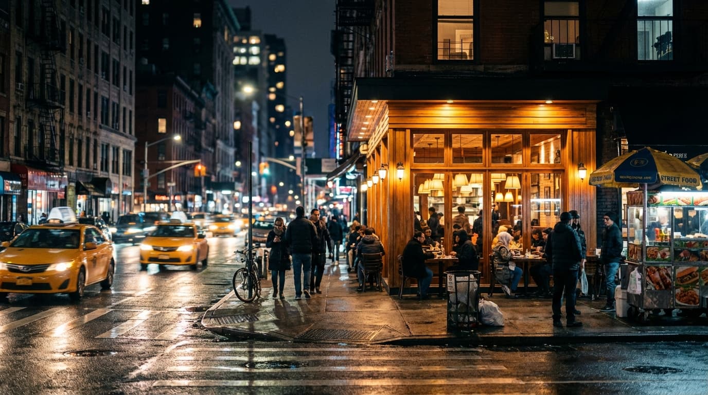 Atmosphère nocturne d'un restaurant halal à New York avec lumières cinématiques