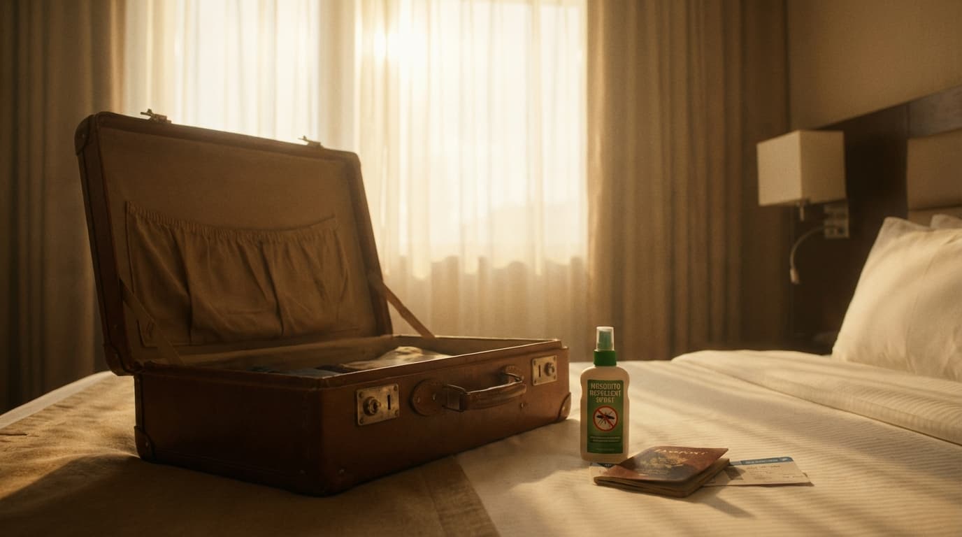 Valise de voyage ouverte avec un spray anti-moustique et un passeport sous une lumière naturelle