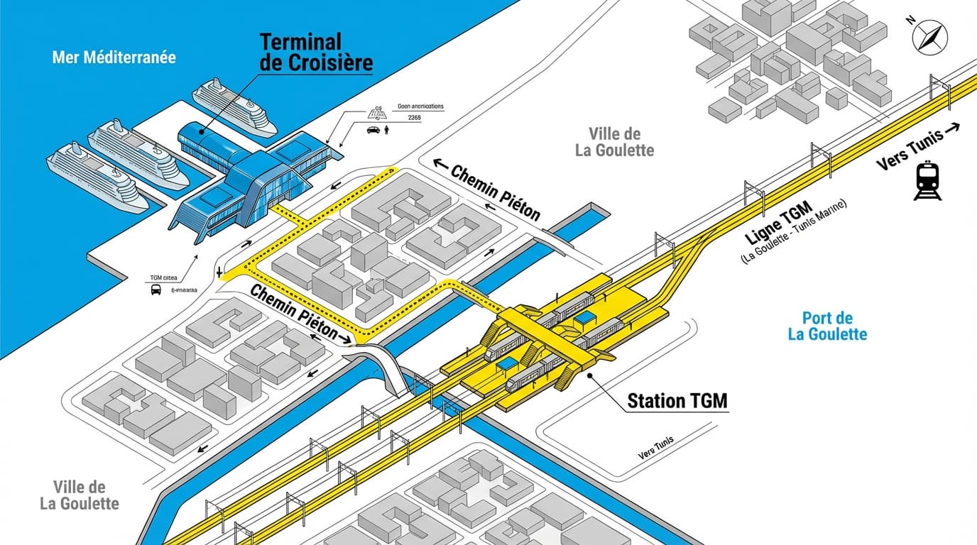 Schéma technique des flux de transport entre le port de La Goulette et le centre de Tunis.