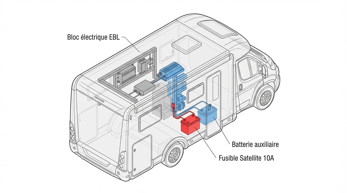 Schéma technique de l'emplacement du fusible de parabole dans un camping-car