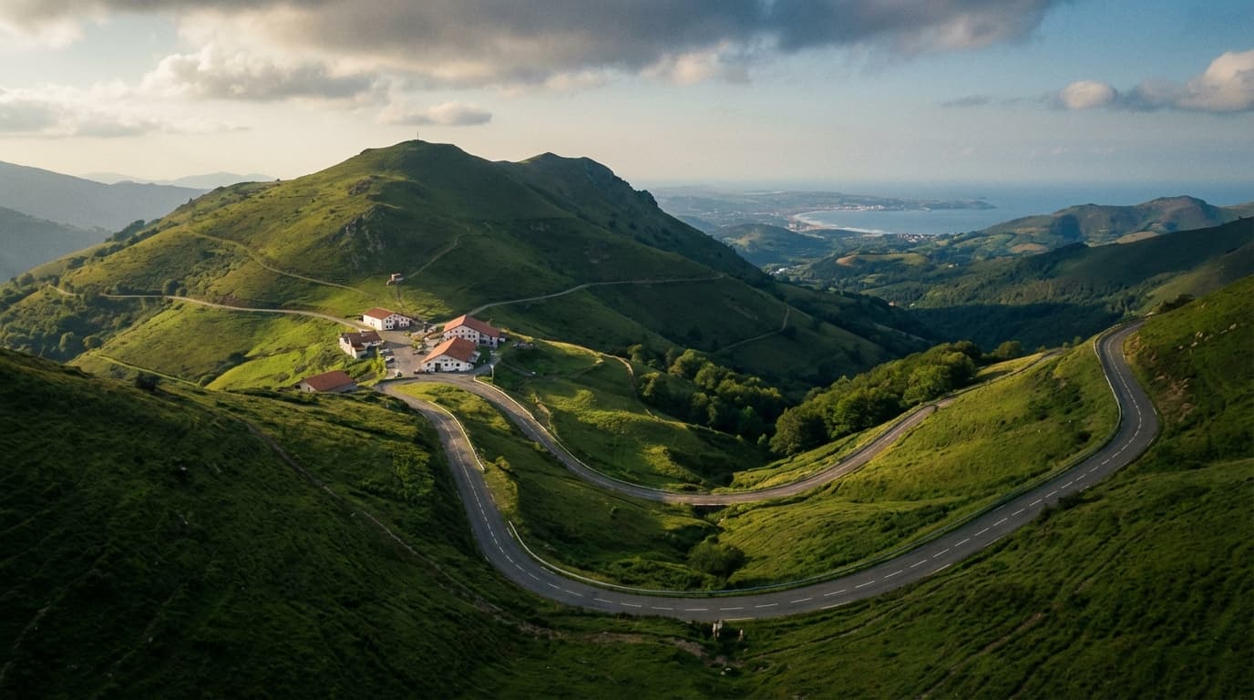 Vue panoramique des cols de montagne entre la France et l'Espagne montrant les routes et les commerces frontaliers.