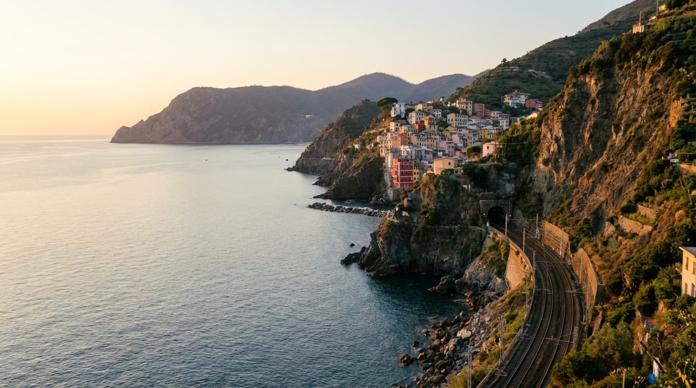Vue panoramique des villages colorés des Cinque Terre au coucher du soleil