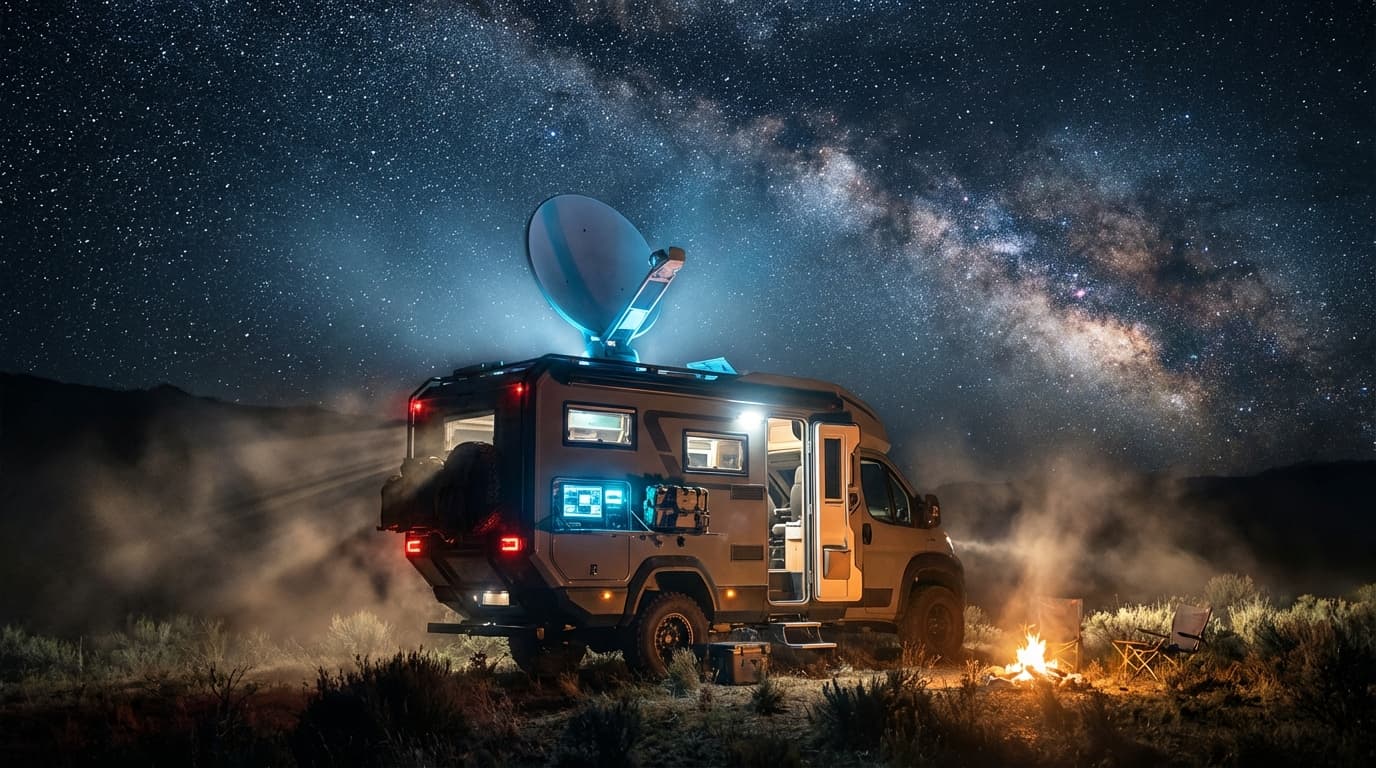 Camping-car avec parabole déployée sous un ciel étoilé