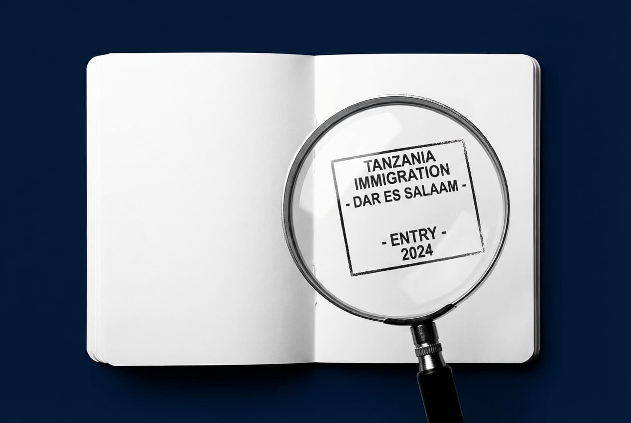 Icône de passeport avec loupe pour visa Tanzanie.