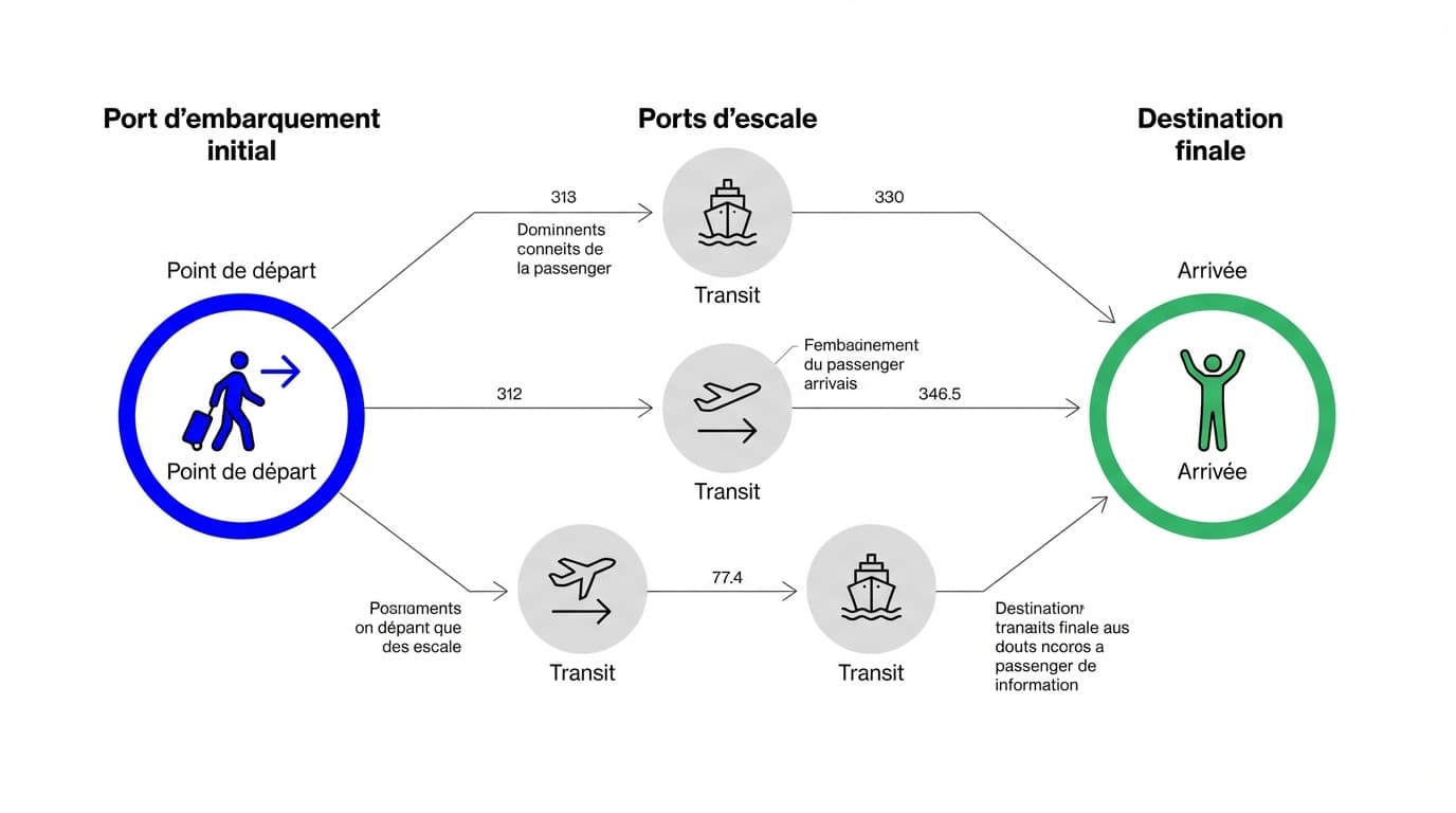 Schéma technique comparant le port d'embarquement initial et les ports d'escale