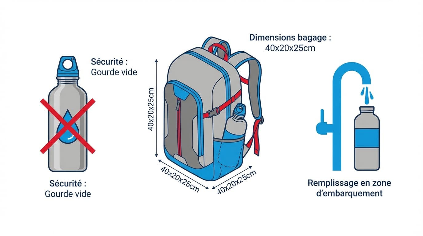 Schéma technique des étapes de transport d'une gourde chez Ryanair