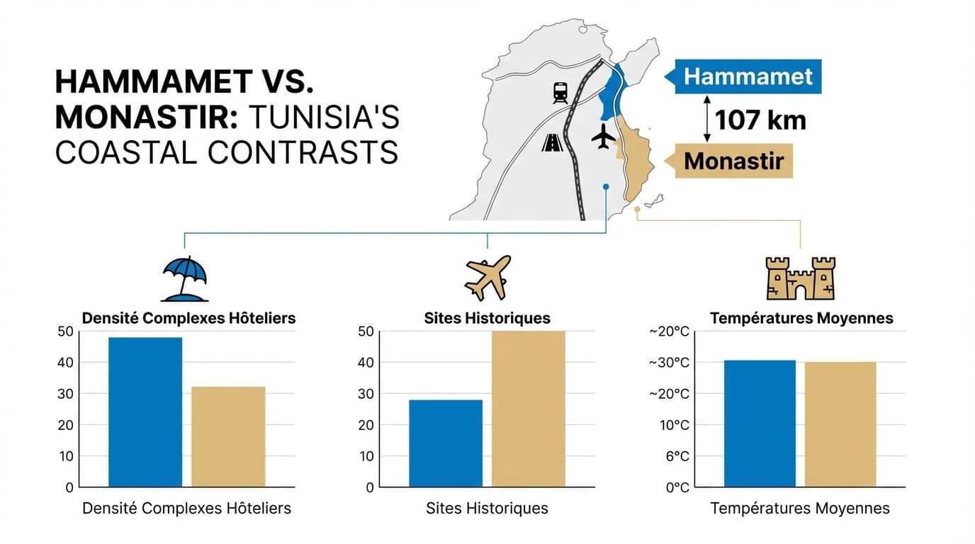 Comparatif technique et touristique entre Hammamet et Monastir sous forme d'infographie.