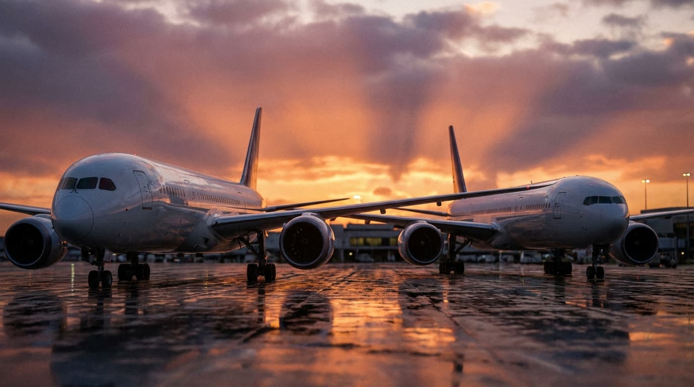 Comparaison visuelle entre un Boeing 787 et un Boeing 777 sur le tarmac à l'heure dorée.