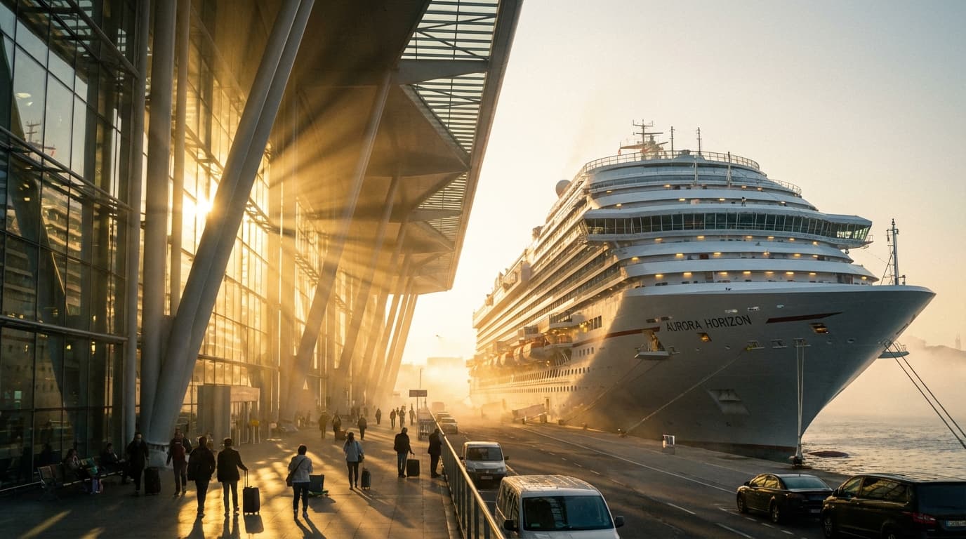 Terminal de croisière moderne au lever du soleil pour l'embarquement initial