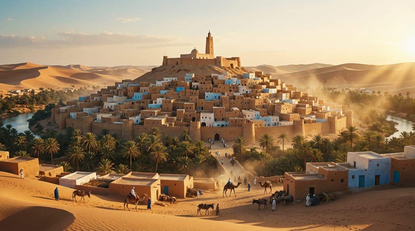 Vue aérienne de l'oasis de Ghardaïa au Sahara algérien lors du coucher du soleil