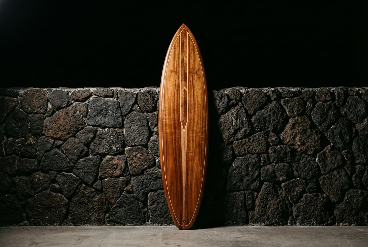 Planche de surf en bois de Koa sur fond neutre