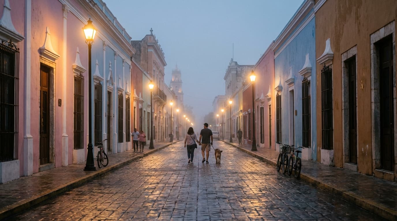 Une rue coloniale colorée et paisible de Mérida au crépuscule montrant une atmosphère sécurisante.