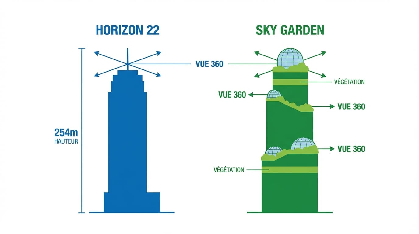 Schéma technique comparatif des hauteurs et caractéristiques de Horizon 22 et Sky Garden.