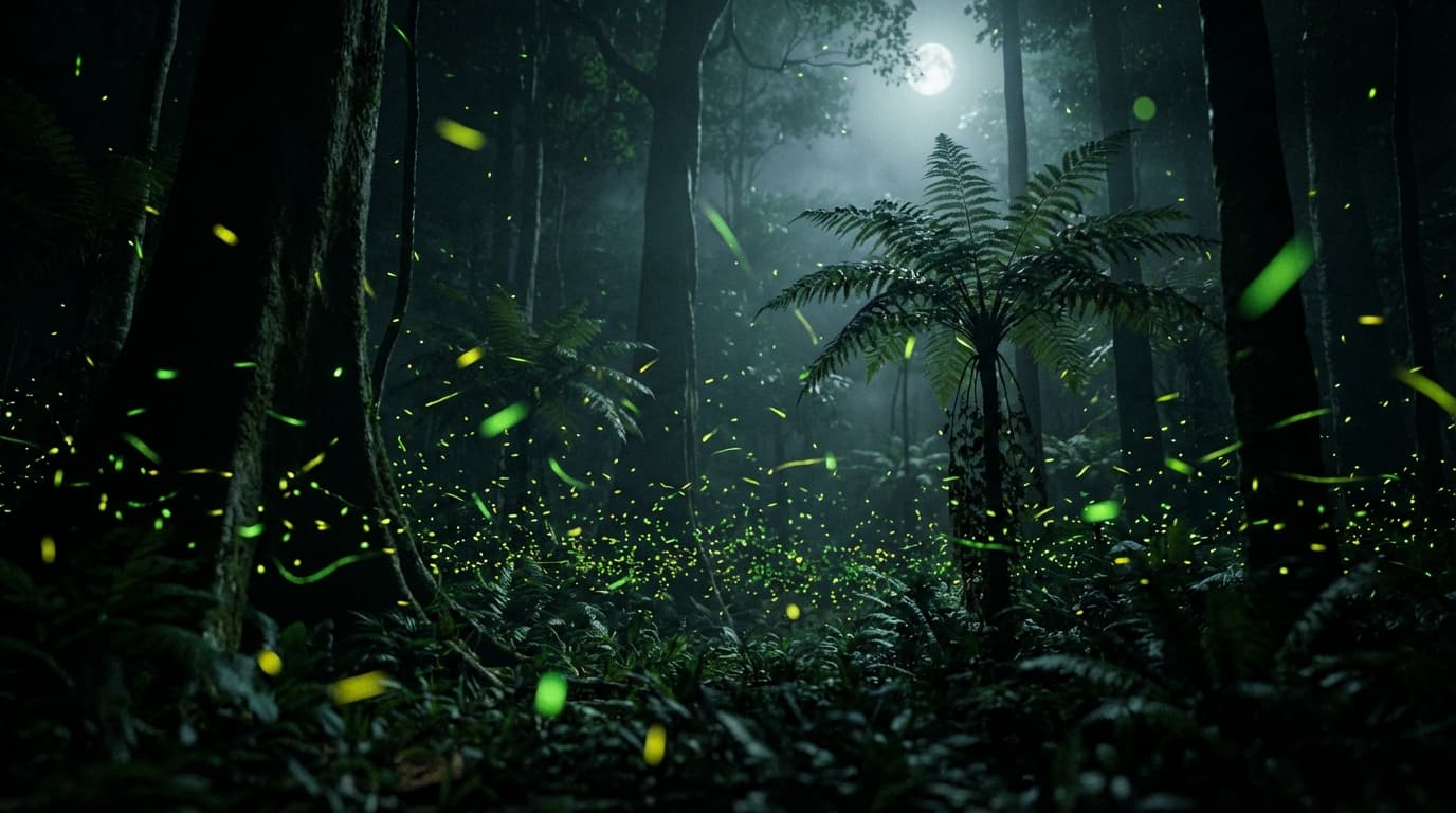 Forêt tropicale de Guyane illuminée par des mouches à feu la nuit