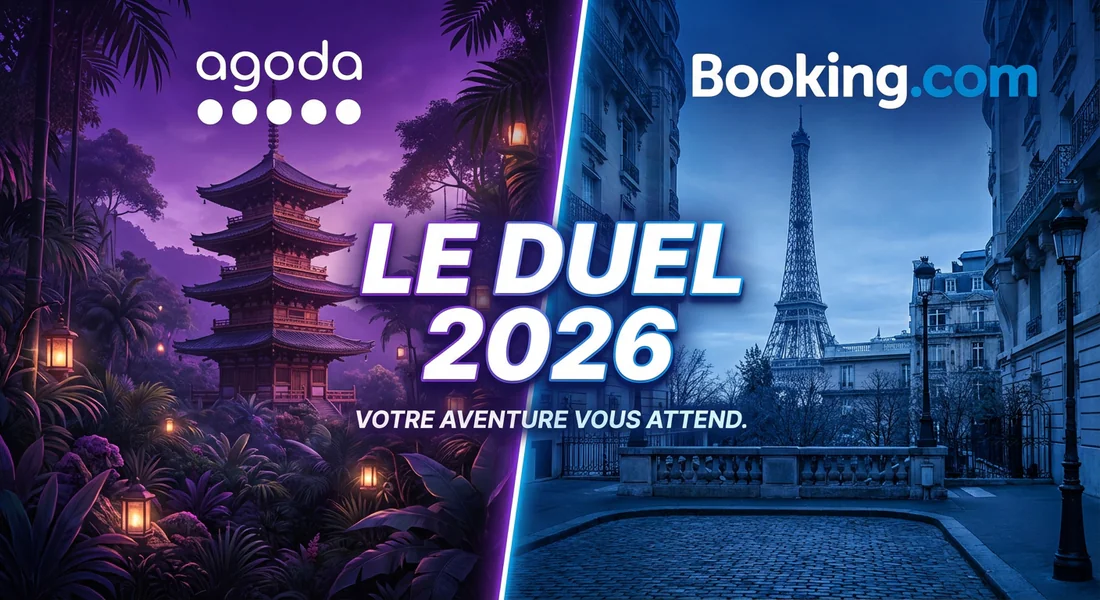 Comparaison visuelle entre Agoda en Asie et Booking en Europe pour le duel 2026