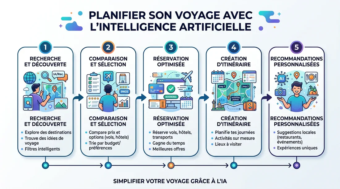 Infographie illustrant les étapes de planification de voyage avec l'intelligence artificielle