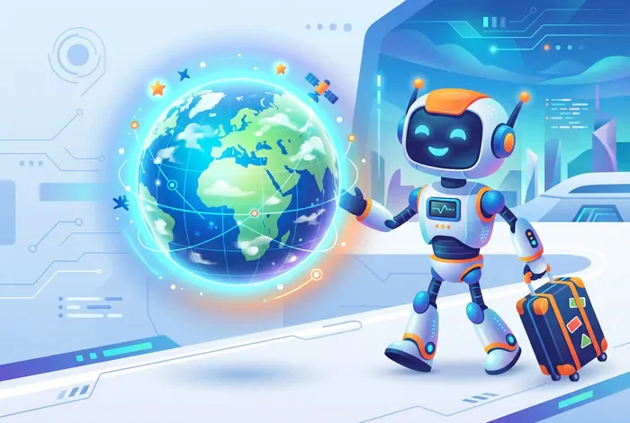 AicoTravel : Notre Avis 2026 - AicoTravel : Le Guide Ultime pour Planifier vos Vacances - AicoTravel est-il le meilleur planificateur IA ? Robot assistant de voyage avec un globe terrestre holographique