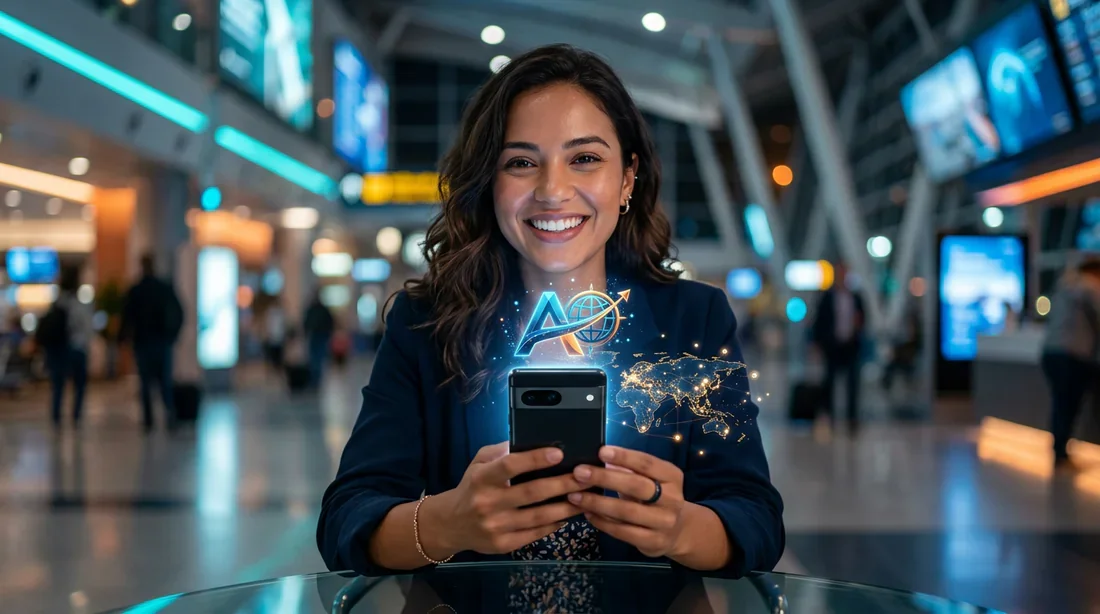AicoTravel : l'application de voyage connectée Une personne utilisant un smartphone avec l'application AicoTravel pour planifier un voyage