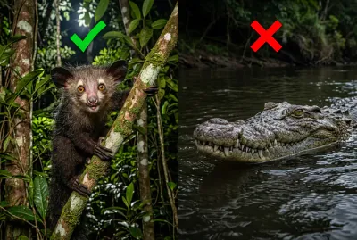 Comparaison entre un lémurien Aye-aye inoffensif et un crocodile dangereux