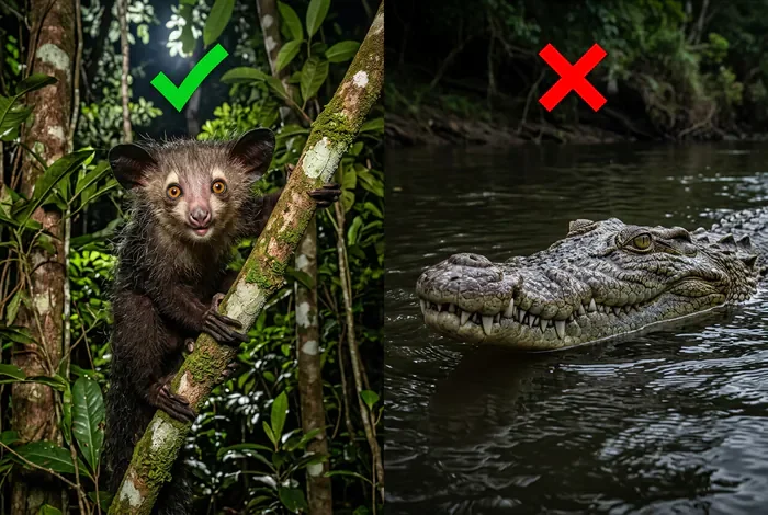 Animaux dangereux Madagascar : Guide 2026 - 5 Dangers réels à Madagascar (Guide 2026) - Quels sont les animaux dangereux à Madagascar ? Comparaison entre un lémurien Aye-aye inoffensif et un crocodile dangereux
