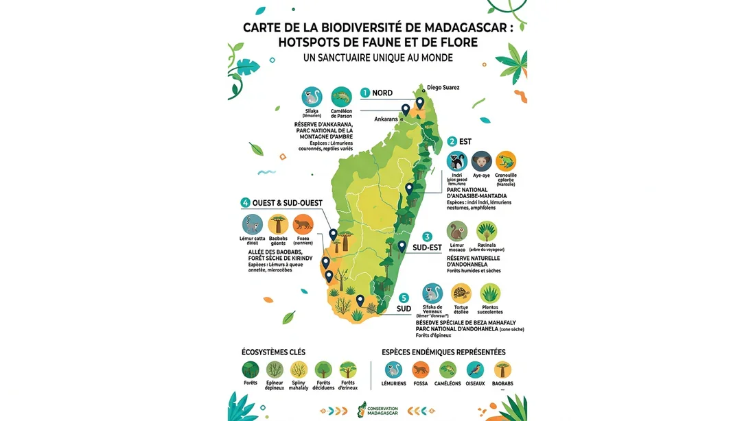 Carte illustrée de la biodiversité à Madagascar Infographie présentant la répartition de la faune sur une carte de Madagascar