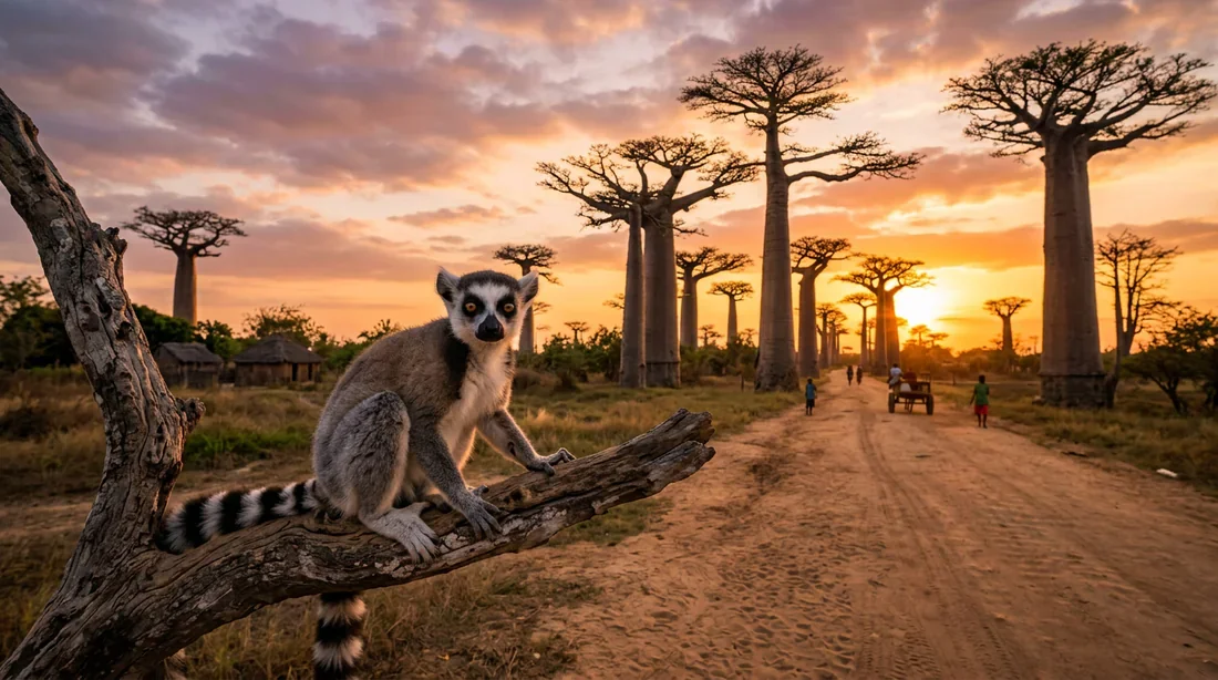 Aube sur l'allée des baobabs à Madagascar Paysage emblématique de l'allée des baobabs à Madagascar avec un lémurien