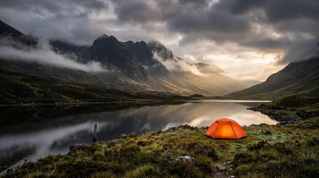 Camping sauvage dans les Highlands en Écosse Bivouac en tente orange au bord d'un loch dans les Highlands en Écosse au lever du soleil