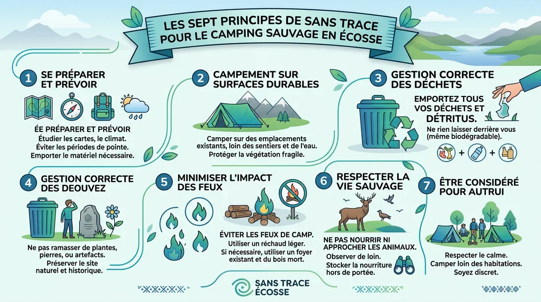 Principes du Leave No Trace en Écosse Infographie expliquant les règles du Leave No Trace en français pour le bivouac