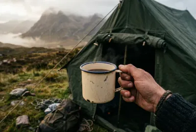 Main tenant une tasse en émail devant une tente avec vue sur les montagnes écossaises