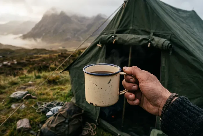 Camping sauvage en Écosse : Règles & Conseils 2026 - Camping Sauvage Écosse : 3 Pièges à Éviter Absolument - Camping Sauvage en Écosse : Est-ce Vraiment Légal ? Main tenant une tasse en émail devant une tente avec vue sur les montagnes écossaises