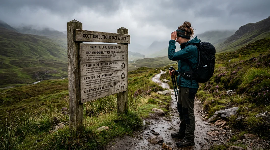 Réglementation du camping sauvage en Écosse Panneau d'information du Scottish Outdoor Access Code pour le camping sauvage