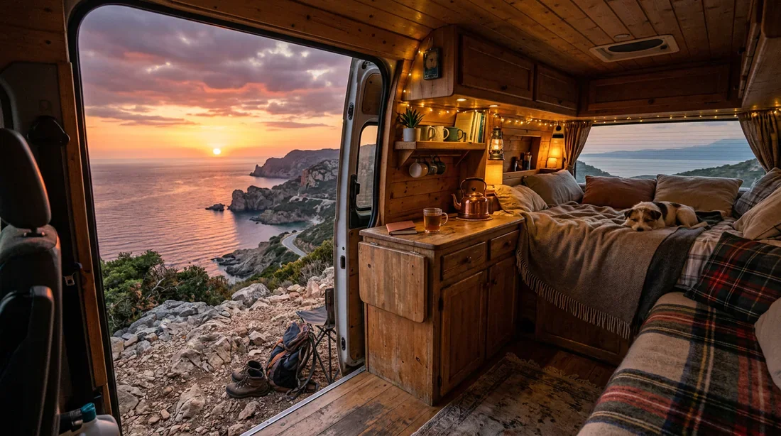 Aménagement intérieur d'un van avec vue sur le coucher de soleil sarde
