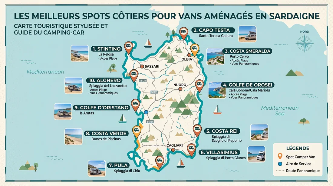 Carte des meilleurs spots de camping sauvage en Sardaigne