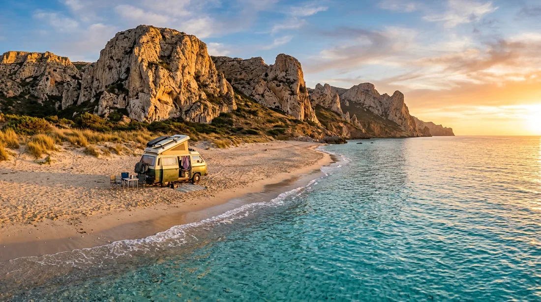 Van aménagé garé face à une plage sauvage et eaux cristallines en Sardaigne
