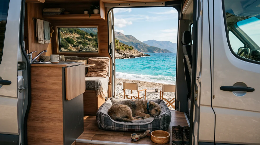 Van-life avec son chien sur la côte albanaise Chien se reposant dans un van face à la mer en Albanie.