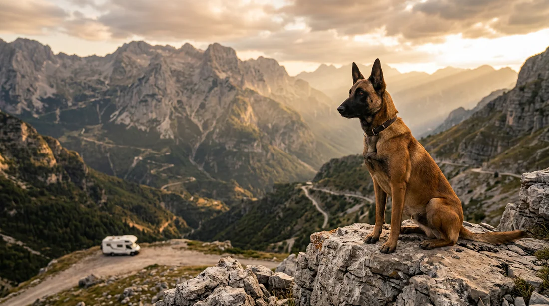 Voyager en Albanie avec son chien - Panorama des Alpes Albanaises Un chien de type berger assis devant le paysage montagneux de Theth en Albanie à l'heure dorée.