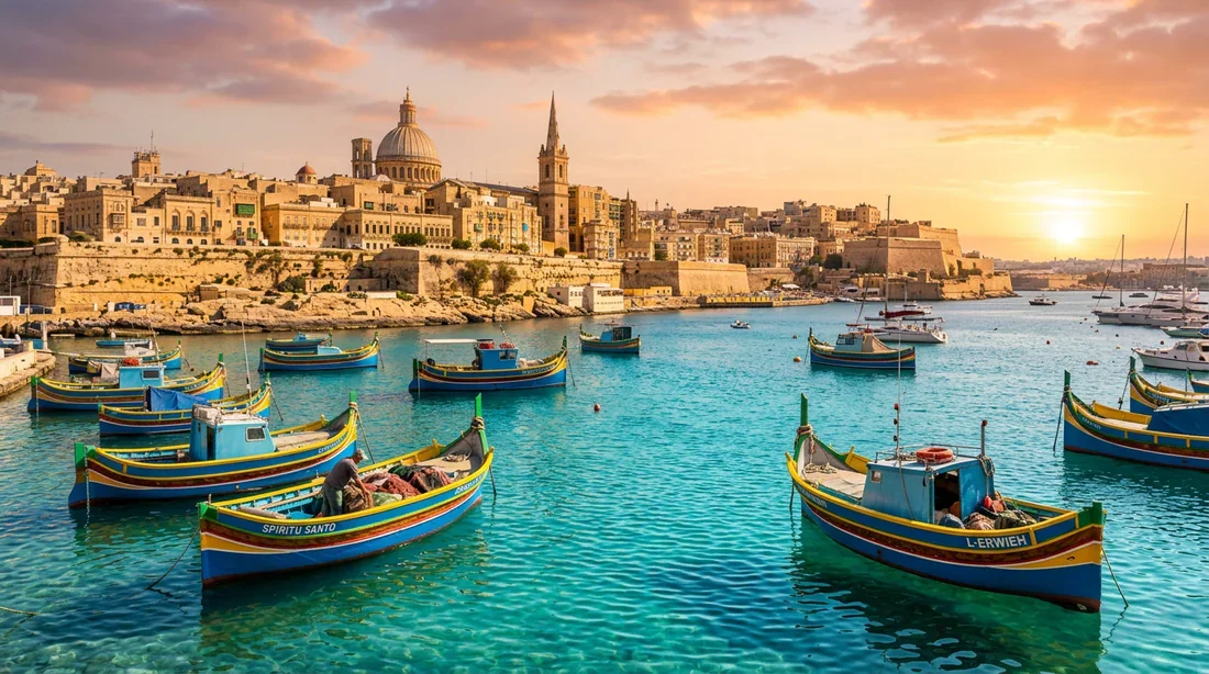 Vue panoramique de La Valette avec ses bateaux traditionnels Luzzu au premier plan