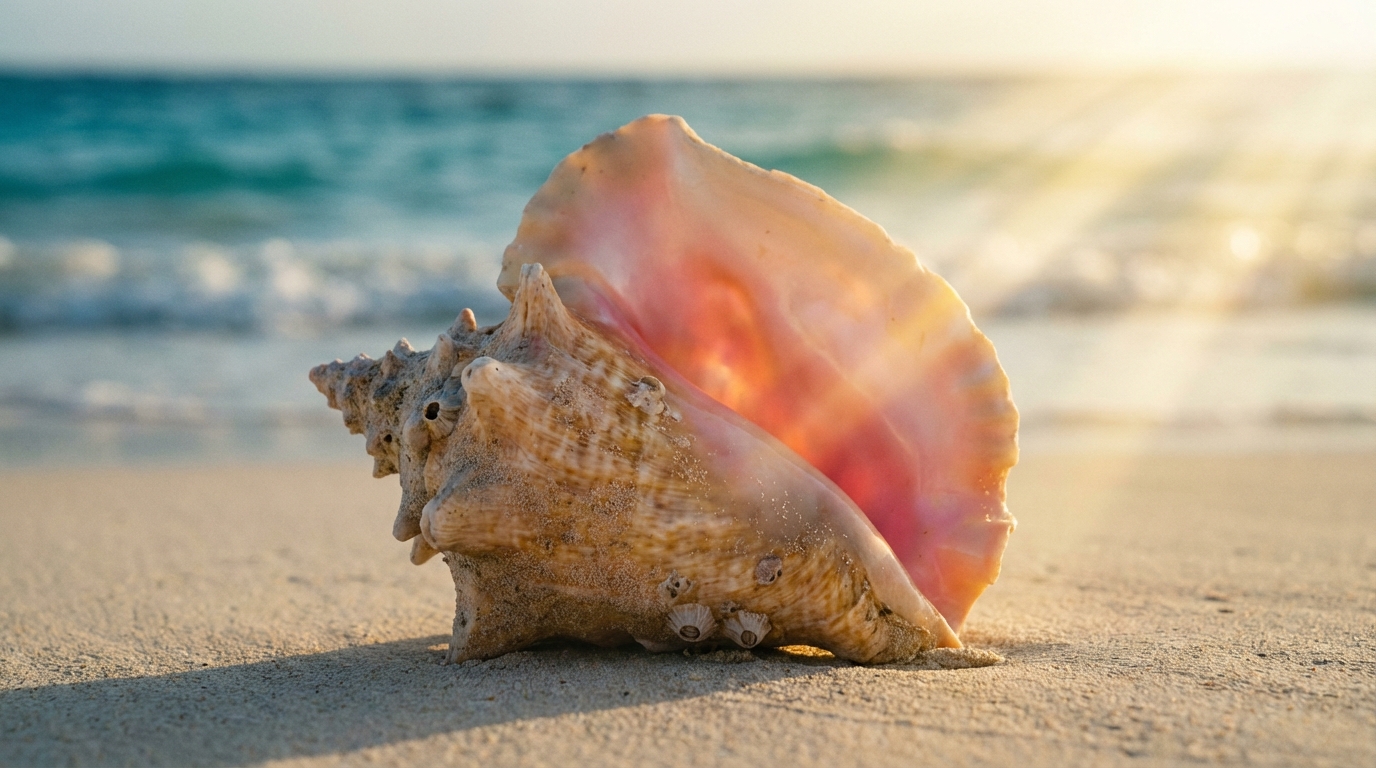 Un magnifique coquillage lambi sur une plage tropicale au lever du soleil.