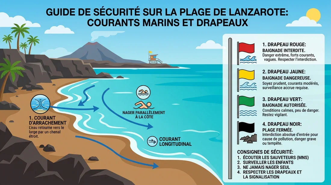 Conseils de sécurité pour la baignade à Lanzarote Infographie des consignes de sécurité sur les plages de Lanzarote