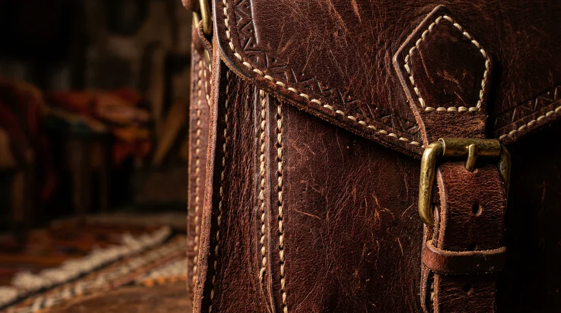 Détail des coutures et texture d'un sac en cuir marocain