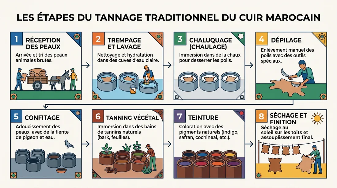 Infographie expliquant le processus de tannage du cuir marocain